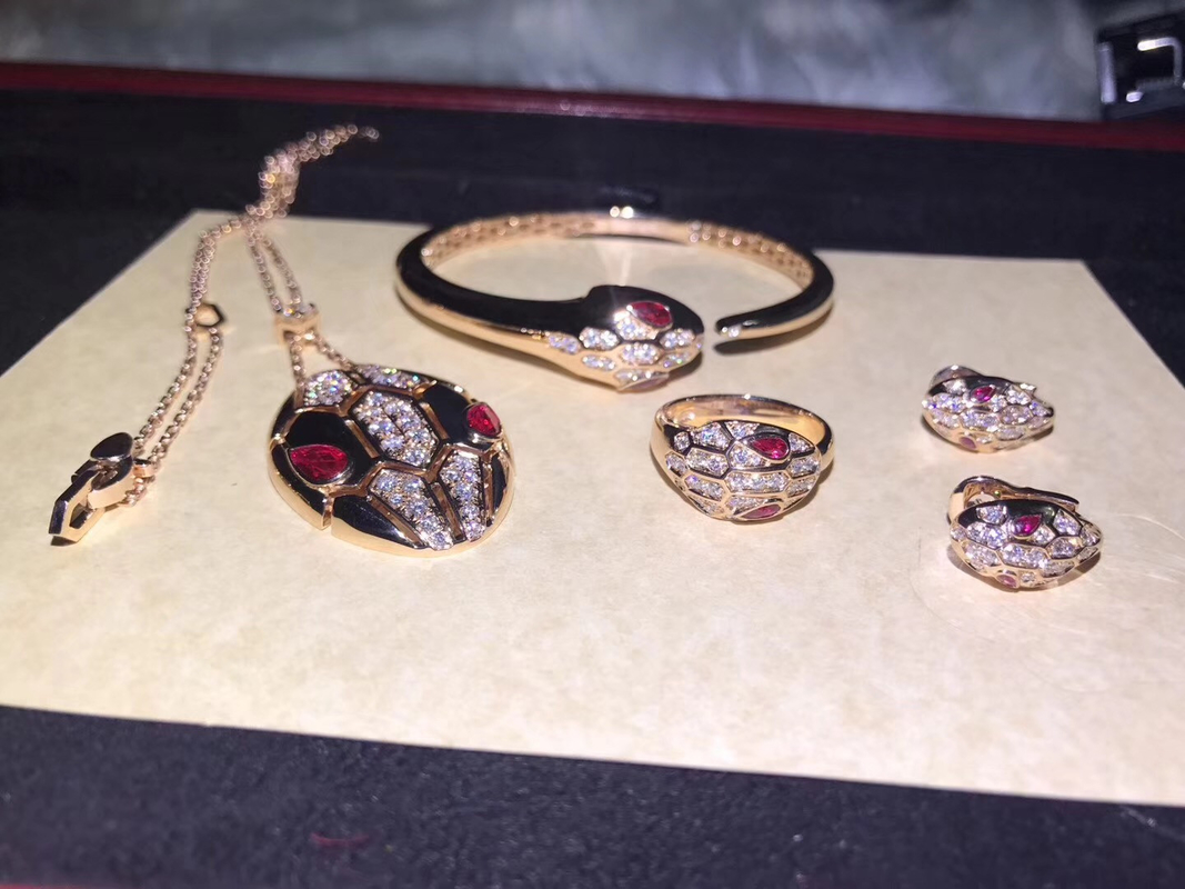 18K Rose Gold  Serpenti Bracelet With Rubellite Eyes / Diamond Head And Tails